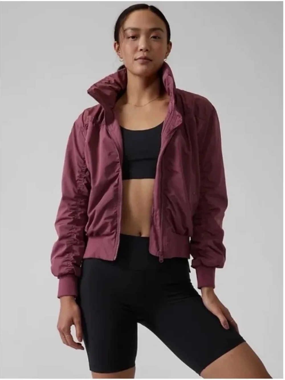 Athleta L Jet Set Bomber Mid Weight Fall Jacket Hood Water Repellent Breathable